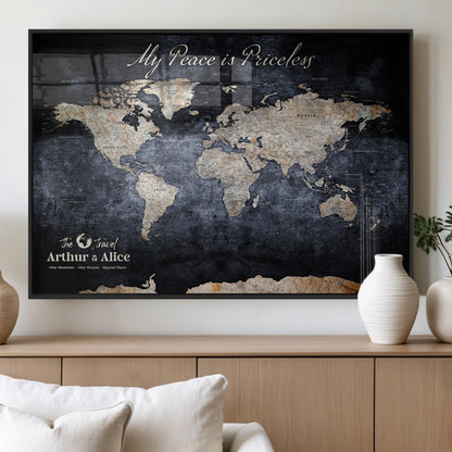85403043-MGV-FP-36X24-3P_Black-Personalized World Map Wall Art – Dark Blue Rustic Adventure Map with Custom Couple Names, Vintage Wall Decor for Home or Travel