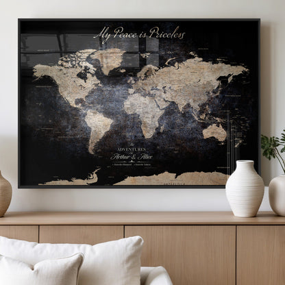 51488142-MGV-FP-36X24-3P_Black-Personalized World Map Wall Art – Dark Rustic Adventure Travel Map with Custom Names, Vintage Wall Decor for Couples, Families or