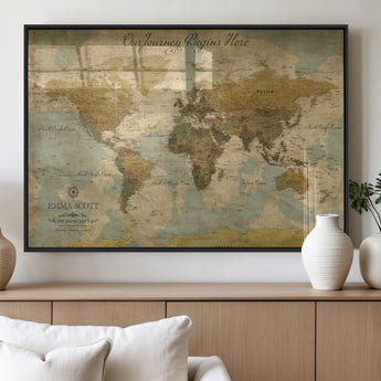 54795344-MGV-FP-36X24-3P_Black-Personalized World Map Wall Art – Vintage Adventure Travel Map with Custom Names, Rustic Wall Décor for Couples, Families