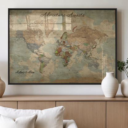 62500285-MGV-FP-36X24-3P_Black-Personalized World Map Wall Art – Rustic Watercolor Adventure Awaits Travel Map with Custom Couple Names, Vintage Wall Decor for