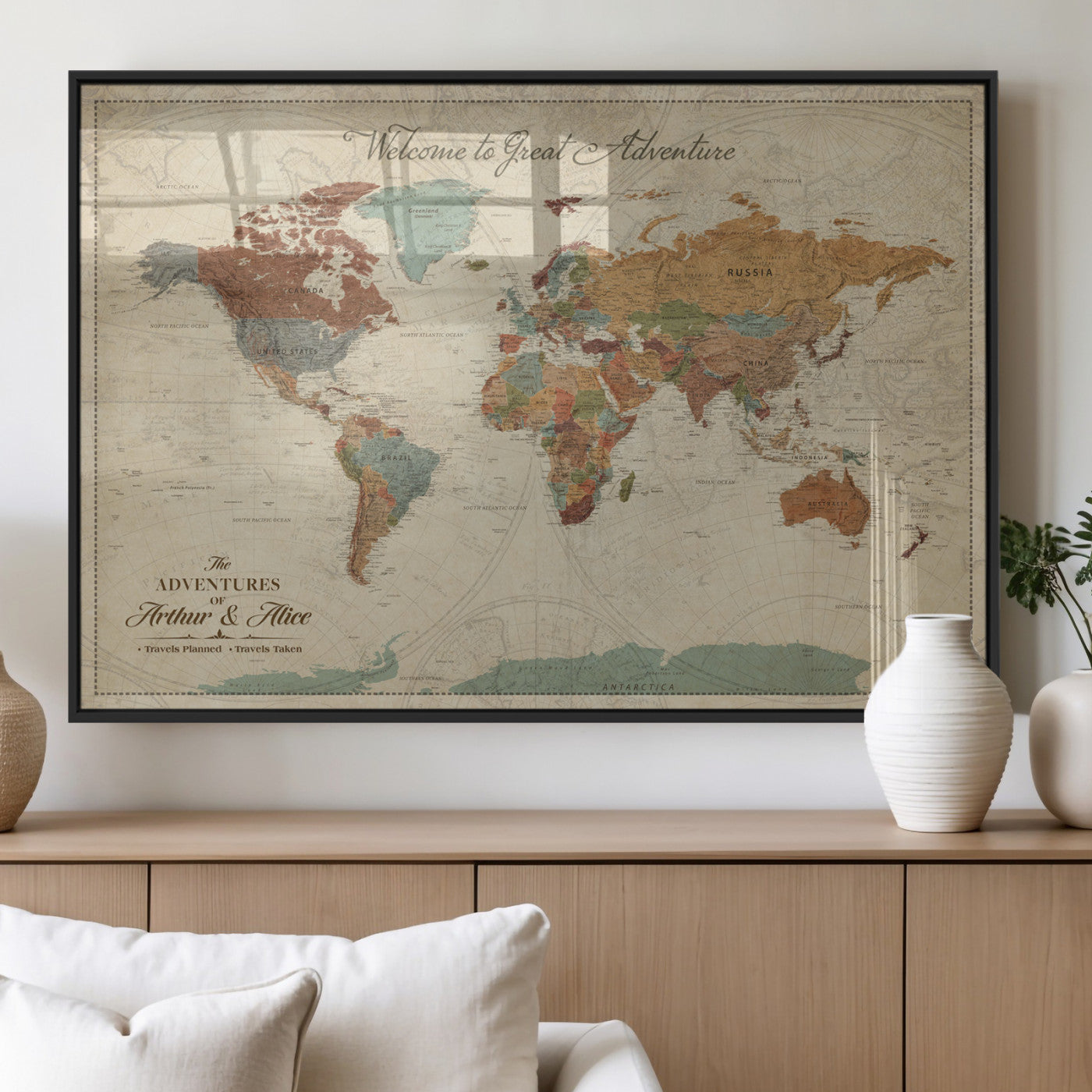 43497401-MGV-FP-36X24-3P_Black-Personalized World Map Wall Art – Vintage Rustic Adventure Travel Map with Custom Couple Names, Welcome to Great Adventure Wall
