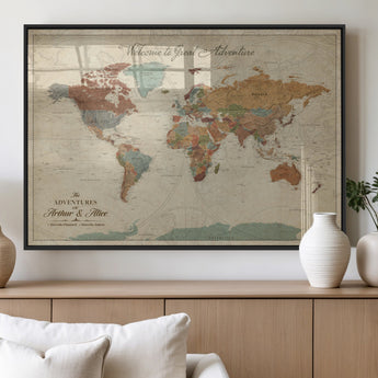43497401-MGV-FP-36X24-3P_Black-Personalized World Map Wall Art – Vintage Rustic Adventure Travel Map with Custom Couple Names, Welcome to Great Adventure Wall