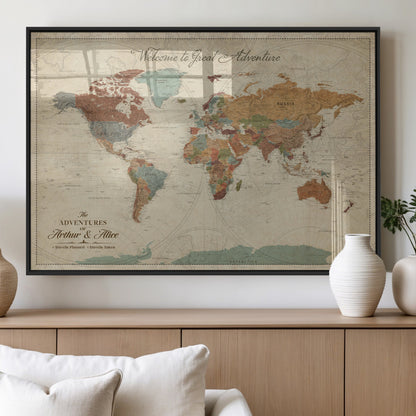 43497401-MGV-FP-36X24-3P_Black-Personalized World Map Wall Art – Vintage Rustic Adventure Travel Map with Custom Couple Names, Welcome to Great Adventure Wall