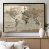 62766900-MGV-FP-36X24-3P_Black-Personalized World Map Wall Art – Antique Parchment Adventure Travel Map with Custom Couple Names, Rustic Wall Decor for Home,