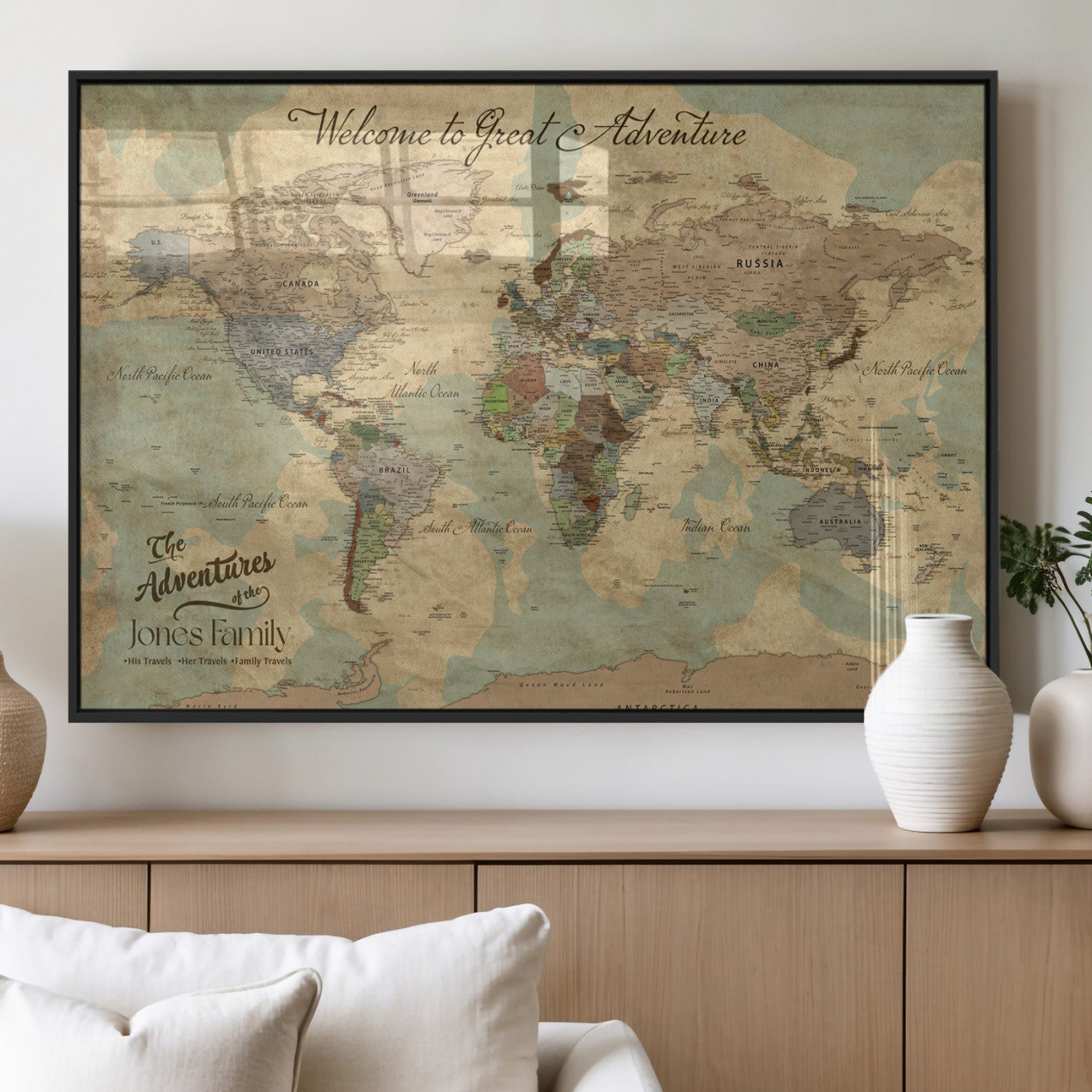 32019746-MGV-FP-36X24-3P_Black-Personalized World Map Wall Art – Vintage Camo Adventure Travel Map with Custom Family Names, Rustic Wall Decor for Couples, Home
