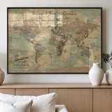 32019746-MGV-FP-36X24-3P_Black-Personalized World Map Wall Art – Vintage Camo Adventure Travel Map with Custom Family Names, Rustic Wall Decor for Couples, Home