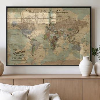 32019746-MGV-FP-36X24-3P_Black-Personalized World Map Wall Art – Vintage Camo Adventure Travel Map with Custom Family Names, Rustic Wall Decor for Couples, Home