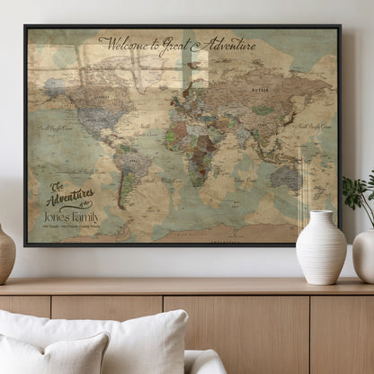 32019746-MGV-FP-36X24-3P_Black-Personalized World Map Wall Art – Vintage Camo Adventure Travel Map with Custom Family Names, Rustic Wall Decor for Couples, Home