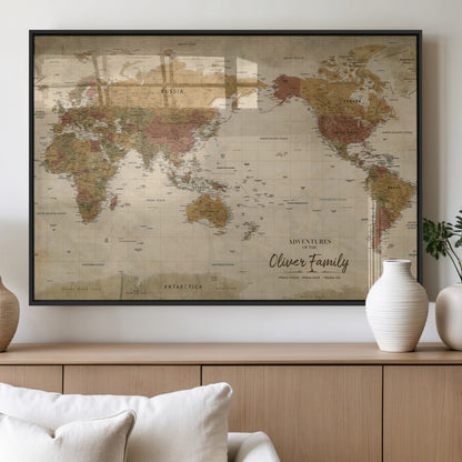 31874045-MGV-FP-36X24-3P_Black-Personalized World Map Wall Art – Vintage Earth Tone Adventure Map with Custom Family Names, Rustic Travel Decor for Home, Couples