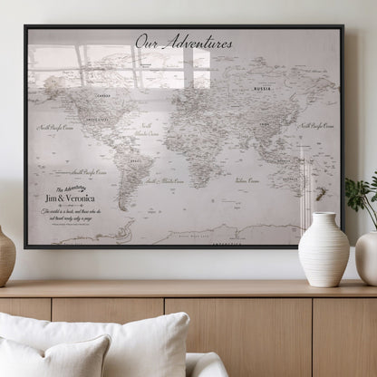 11706567-MGV-FP-36X24-3P_Black-Personalized World Map Wall Art – Minimalist Beige Adventure Travel Map with Custom Names, Elegant Push Pin Canvas for Couples,