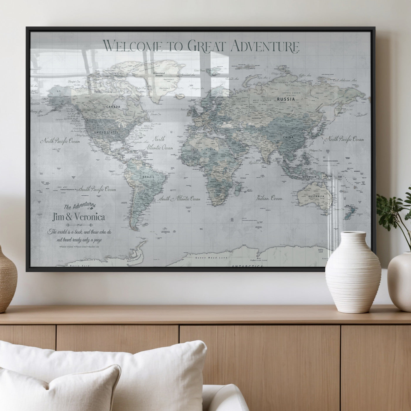 70605050-MGV-FP-36X24-3P_Black-Personalized World Map Wall Art – Cool Gray Adventure Travel Map with Custom Names, Elegant Push Pin Canvas for Couples, Family