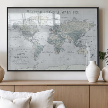 70605050-MGV-FP-36X24-3P_Black-Personalized World Map Wall Art – Cool Gray Adventure Travel Map with Custom Names, Elegant Push Pin Canvas for Couples, Family