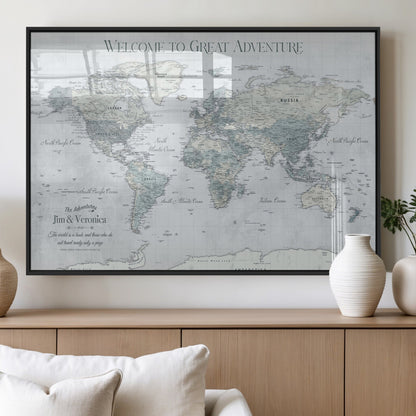 70605050-MGV-FP-36X24-3P_Black-Personalized World Map Wall Art – Cool Gray Adventure Travel Map with Custom Names, Elegant Push Pin Canvas for Couples, Family