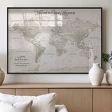 93034948-MGV-FP-36X24-3P_Black-Personalized World Map Wall Art – Vintage Beige Adventure Travel Map with Custom Names, Elegant Push Pin Canvas for Couples,
