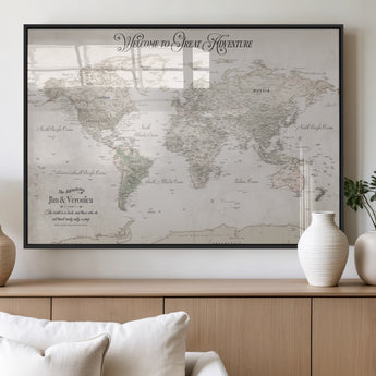 93034948-MGV-FP-36X24-3P_Black-Personalized World Map Wall Art – Vintage Beige Adventure Travel Map with Custom Names, Elegant Push Pin Canvas for Couples,