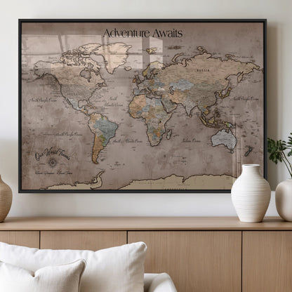 93226713-MGV-FP-36X24-3P_Black-Personalized World Map Wall Art – Adventure Awaits Rustic Earth-Tone Travel Map with Custom Names, Vintage Wall Decor for Couples,