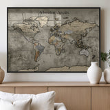 72658967-MGV-FP-36X24-3P_Black-Personalized World Map Wall Art – Adventure Awaits Rustic Sepia Travel Map with Custom Names, Vintage Wall Decor for Couples, Home