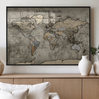 72658967-MGV-FP-36X24-3P_Black-Personalized World Map Wall Art – Adventure Awaits Rustic Sepia Travel Map with Custom Names, Vintage Wall Decor for Couples, Home
