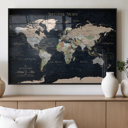 15547583-MGV-FP-36X24-3P_Black-Personalized World Map Wall Art – Rustic Navy Adventure Awaits Travel Map with Custom Couple Names, Vintage Wall Decor for Home or