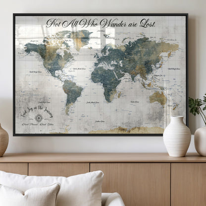 16233493-MGV-FP-36X24-3P_Black-Personalized World Map Wall Art – Rustic Blue Green Wanderlust Travel Map with Custom Couple Names, Vintage Wall Decor for Home