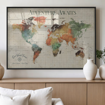 24737989-MGV-FP-36X24-3P_Black-Personalized World Map Wall Art – Colorful Vintage Adventure Travel Map with Custom Names, Unique Wall Decor for Couples,