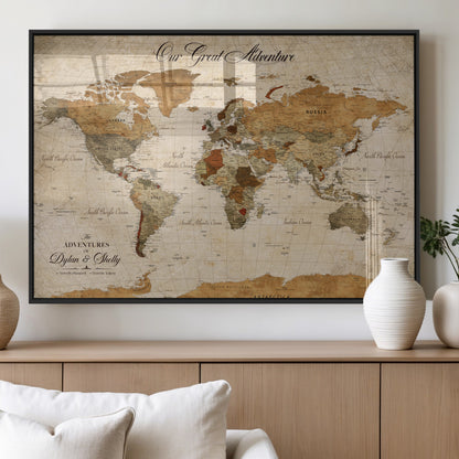 91961147-MGV-FP-36X24-3P_Black-Personalized World Map Wall Art – Vintage Sepia Adventure Travel Map with Custom Couple Names, Rustic Wall Decor for Home, Couples