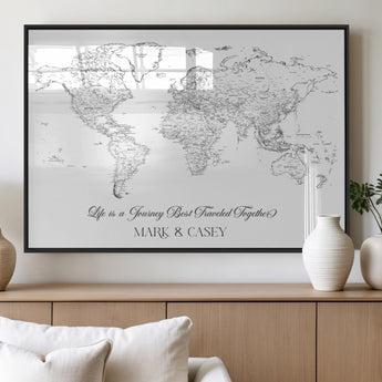 43438578-MGV-FP-36X24-3P_Black-Personalized World Map Wall Art – Black and White Minimal Travel Map with Custom Names, Elegant Wall Decor for Couples, Wedding or