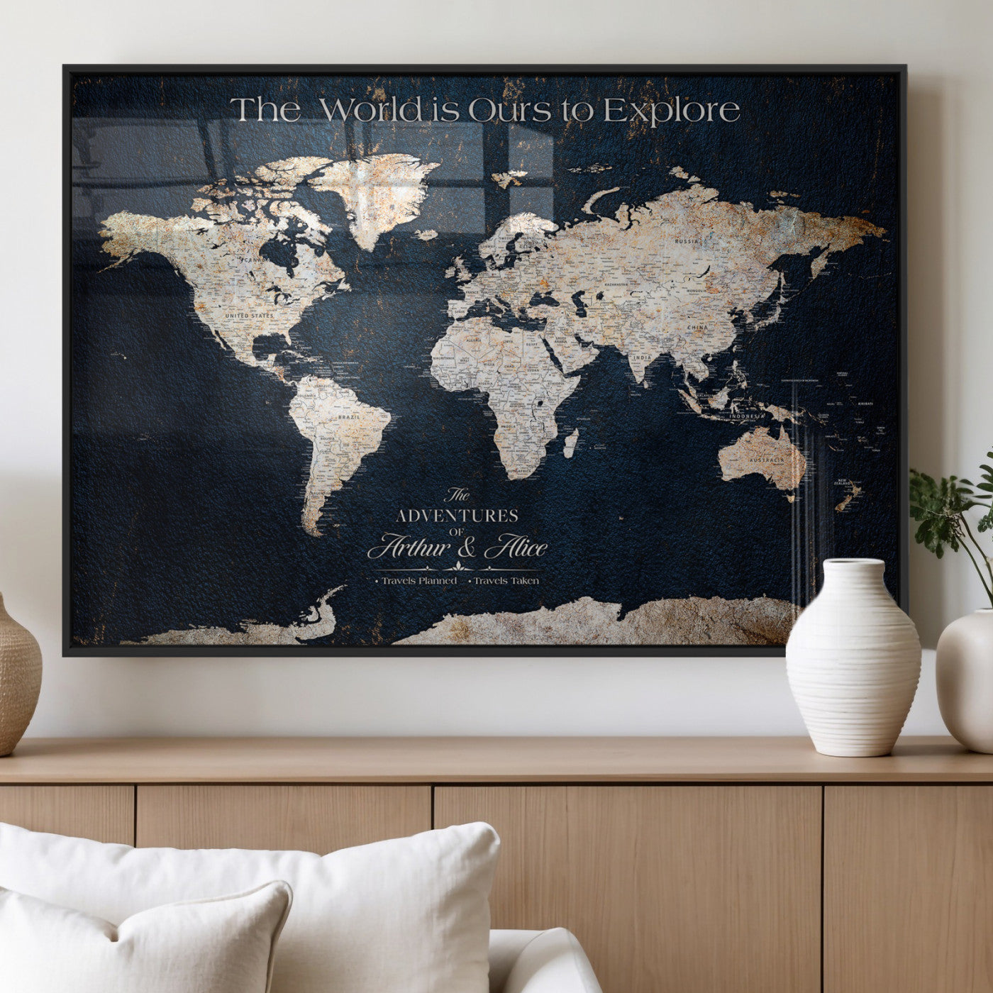 13231361-MGV-FP-36X24-3P_Black-Personalized World Map Wall Art – Navy Blue Vintage Adventure Travel Map with Custom Names, Elegant Push Pin Canvas for Couples