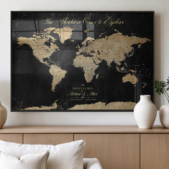 98947257-MGV-FP-36X24-3P_Black-Personalized World Map Wall Art – Vintage Black Adventure Travel Map with Custom Names, Elegant Push Pin Canvas for Couples Home