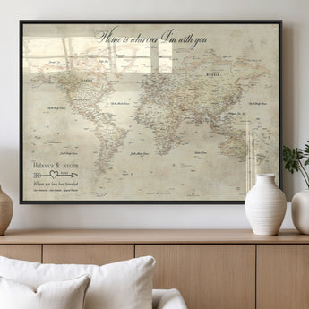 57950315-MGV-FP-36X24-3P_Black-Personalized World Map Wall Art – Vintage Beige Travel Map with Custom Names, Romantic Anniversary Gift for Couples, Adventure