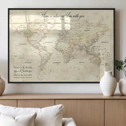 57950315-MGV-FP-36X24-3P_Black-Personalized World Map Wall Art – Vintage Beige Travel Map with Custom Names, Romantic Anniversary Gift for Couples, Adventure