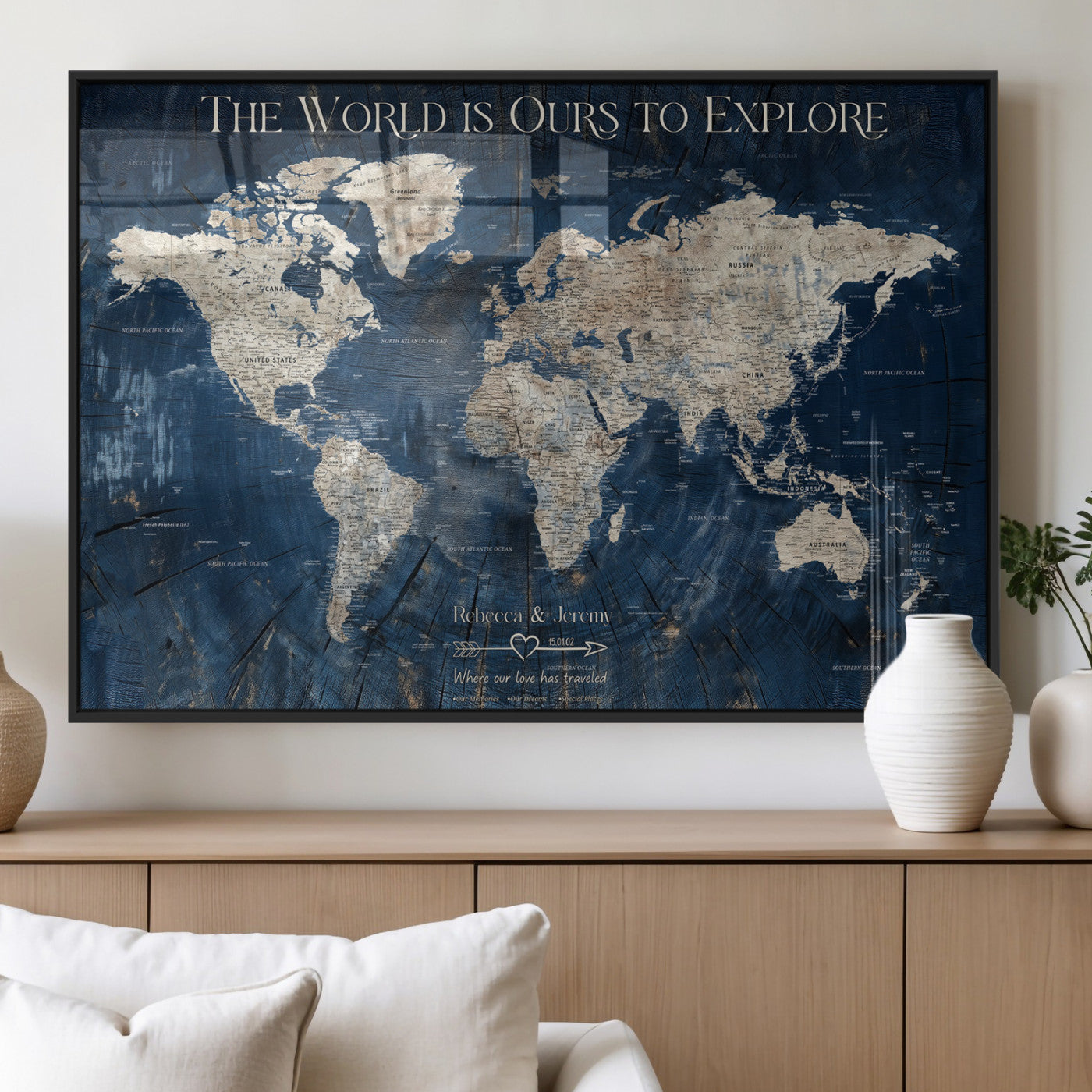 16933330-MGV-FP-36X24-3P_Black-Personalized World Map Wall Art – Navy Blue Vintage Travel Map with Custom Names, Anniversary Gift for Couples Romantic Adventure