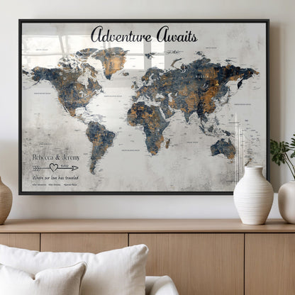 11751559-MGV-FP-36X24-3P_Black-Personalized World Map Wall Art – Elegant Adventure Travel Tracker Map for Couples & Families, Push Pin Canvas Poster Decor for Home, Office