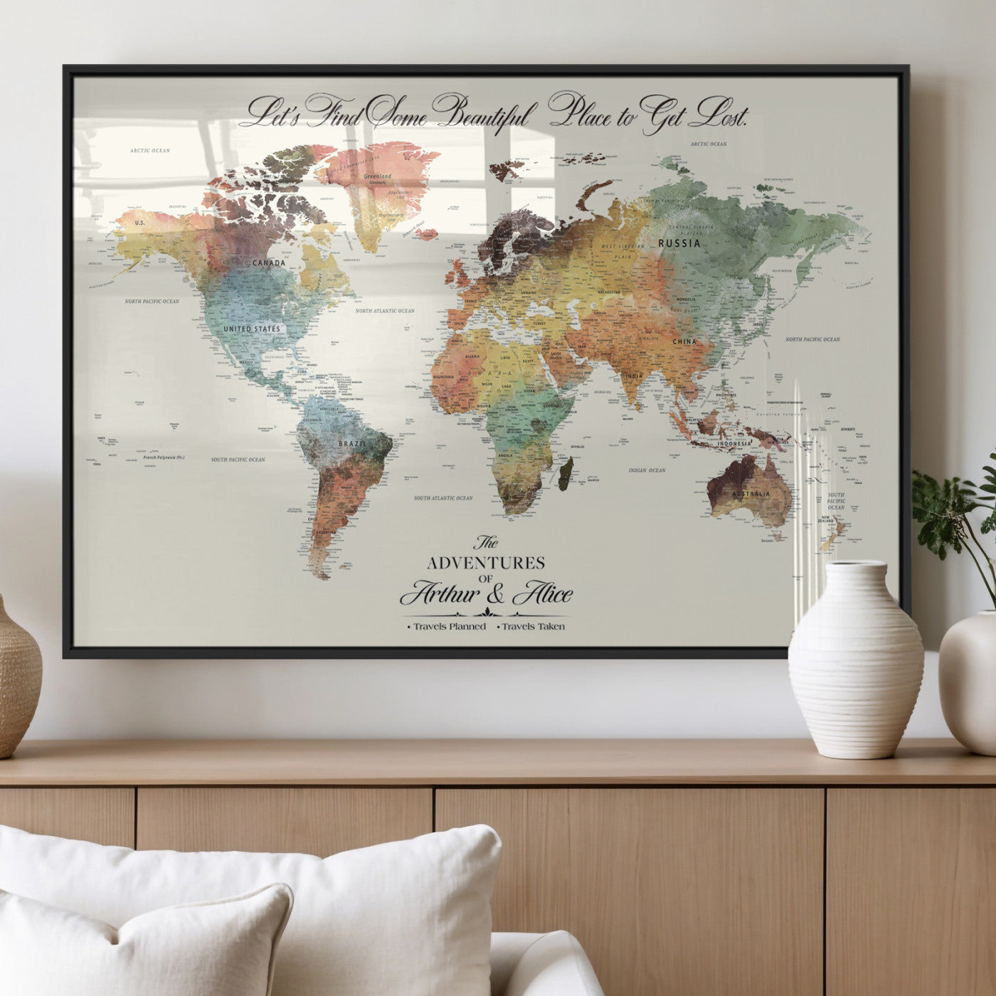 10311652-MGV-FP-36X24-3P_Black-Personalized World Map Wall Art - Watercolor Travel Map with Custom Names Minimalist Design for Couples&Families - Decor for Home,