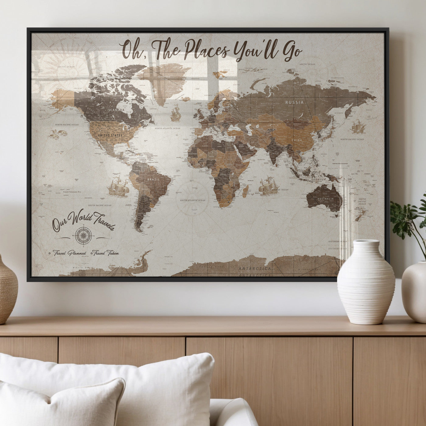 14140137-MGV-FP-36X24-3P_Black-Personalized World Map Wall Art – Vintage Nautical Adventure Map with Ships and Compass, Rustic Sepia Tones for Travel Lovers and