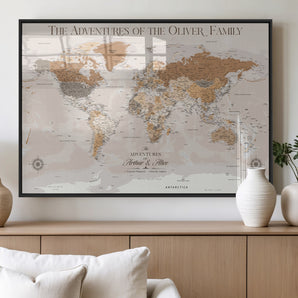 34289723-MGV-FP-36X24-3P_Black-Personalized World Map Wall Art – Elegant Beige and Brown Adventure Map Canvas Print for Family Home, Living Room, Study or Office