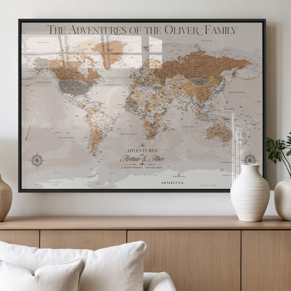 34289723-MGV-FP-36X24-3P_Black-Personalized World Map Wall Art – Elegant Beige and Brown Adventure Map Canvas Print for Family Home, Living Room, Study or Office