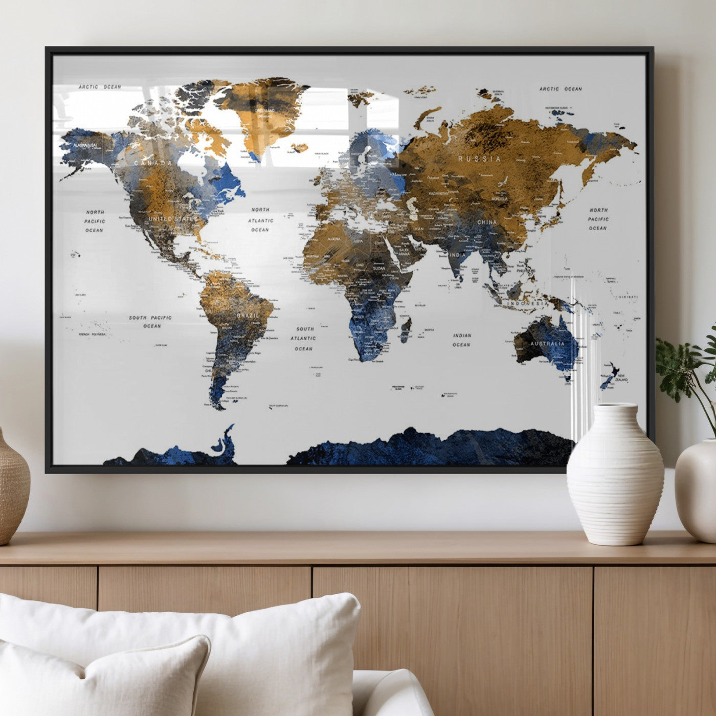 MGV-FP-36X24-3P - World Map Wall Art Canvas Print, Framed Blue Gold Map Art Picture Print, Rustic Atlas Perfect Rustic Modern Decor Artwork