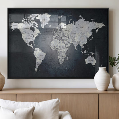 MGV-FP-36X24-3P - Monochrome World Map Wall Art Canvas Print, Framed Minimalist Map Art Picture Print, Modern Atlas Perfect Modern Minimalist Decor Artwork