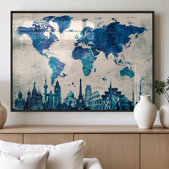 MGV-FP-36X24-3P - Blue World Map Wall Art Canvas Print, Framed Iconic Landmarks Art Picture Print, Blue Globe Map Perfect Elegant Explorer Decor Artwork