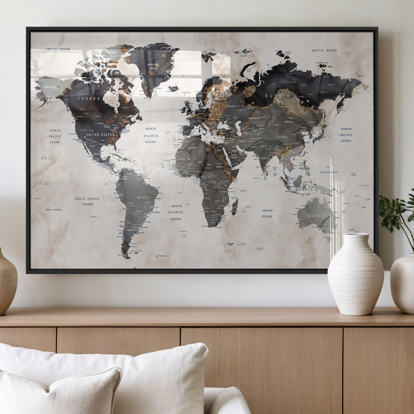 MGV-FP-36X24-3P - World Map Wall Art Canvas Print, Framed Rustic Map Art Picture Print, Antique Map Perfect Rustic Explorer Decor Artwork