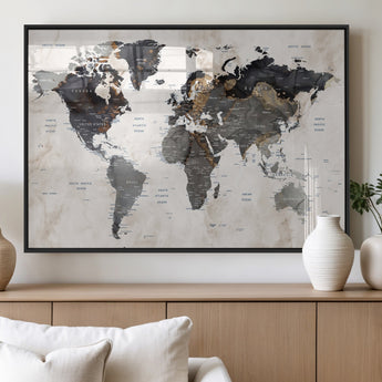 MGV-FP-36X24-3P - World Map Wall Art Canvas Print, Framed Rustic Map Art Picture Print, Antique Map Perfect Rustic Explorer Decor Artwork