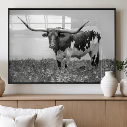 83785-MGV-FP-36X24-3P_Black-Texas Longhorn Wall Art Canvas Print, Framed Horned Bull Art Picture Print, Monochrome Cattle Perfect Rustic Western Decor Artwork