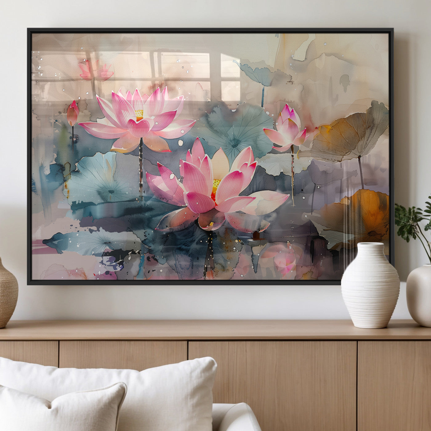 18414-MGV-FP-36X24-3P_Black-Pink Lotus Wall Art Canvas Print, Framed Water Lily Art Picture Print, Dreamy Floral Perfect Dreamy Botanical Decor Artwork