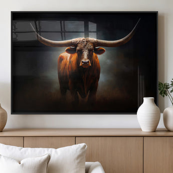 12484-MGV-FP-36X24-3P_Black-Texas Longhorn Wall Art Canvas Print, Framed Western Bull Art Picture Print, Moody Cattle Perfect Moody Western Decor Artwork