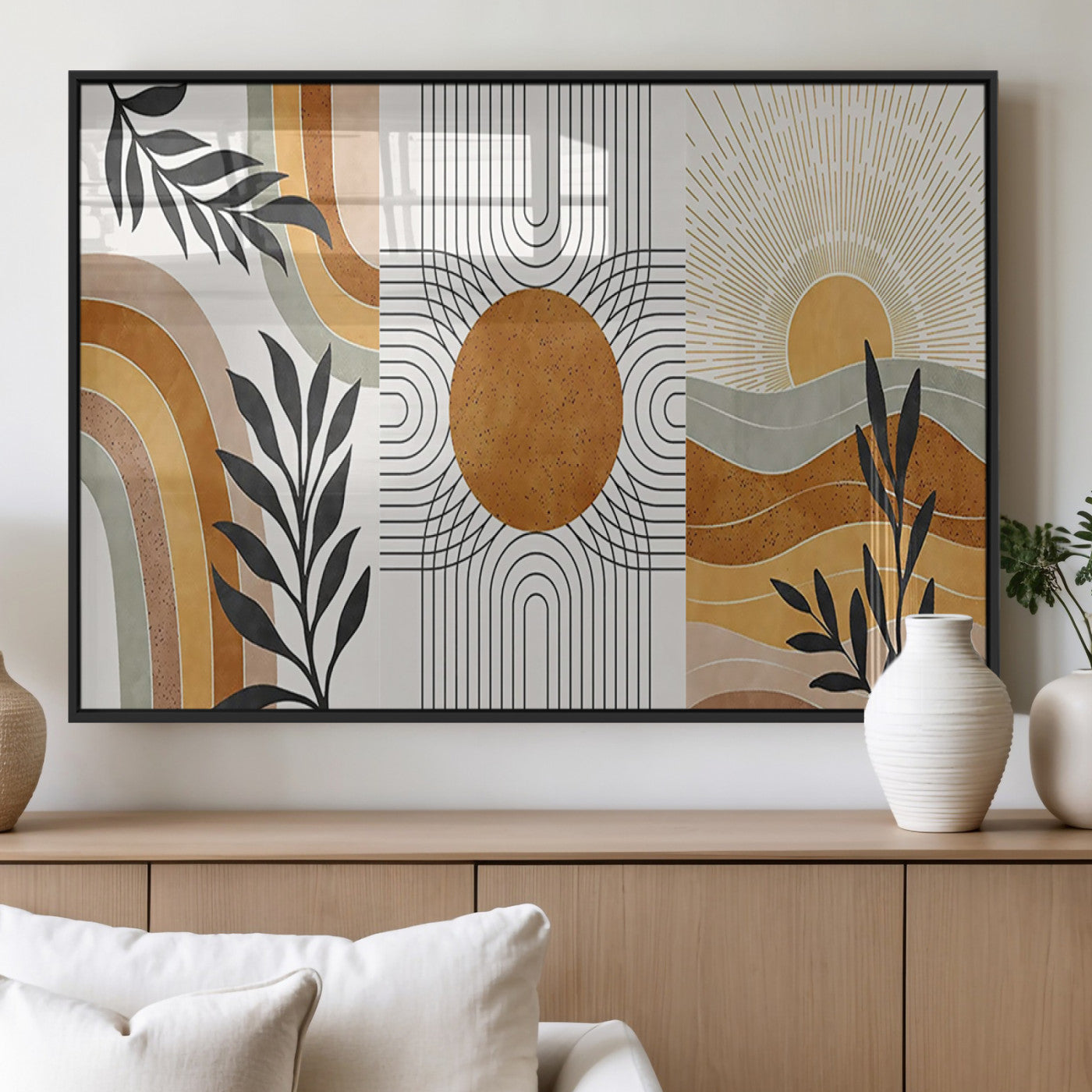 32359-MGV-FP-36X24-3P_Black-Modern Sun Wall Art Canvas Print, Framed Retro Horizon Art Picture Print, Sunburst Design Perfect Mid Century Boho Decor Artwork