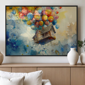 56436-MGV-FP-60X30-3P_Black-Flying House Wall Art Canvas Print, Framed Watercolor UP Art Picture Print, UP House Perfect Whimsical Fantasy Decor Artwork