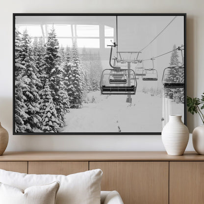 49274-MGV-FP-60X30-3P_Black-Snowy Forest Wall Art Canvas Print, Framed Ski Lift Art Picture Print, Mountain Snow Perfect Minimal Winter Lodge Decor Artwork