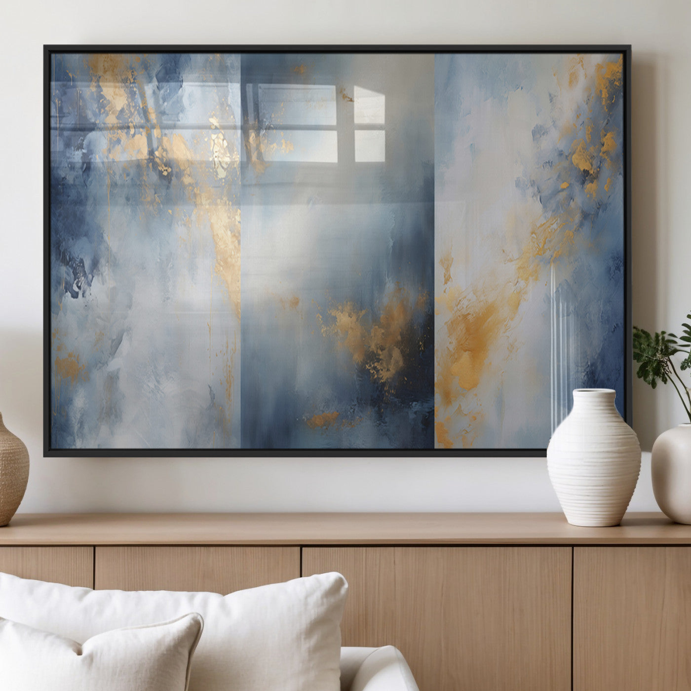 41836-MGV-FP-60X30-3P_Black-Abstract Gold Wall Art Canvas Print, Framed Blue Layers Art Picture Print, Elegant Cloud Perfect Elegant Minimalist Decor Artwork