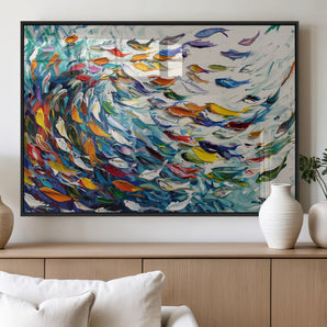 80105-MGV-FP-60X30-3P_Black-Watercolor Fish Wall Art Canvas Print, Framed Vibrant Swirl Art Picture Print, Fish Swarm Perfect Vibrant Coastal Decor Artwork